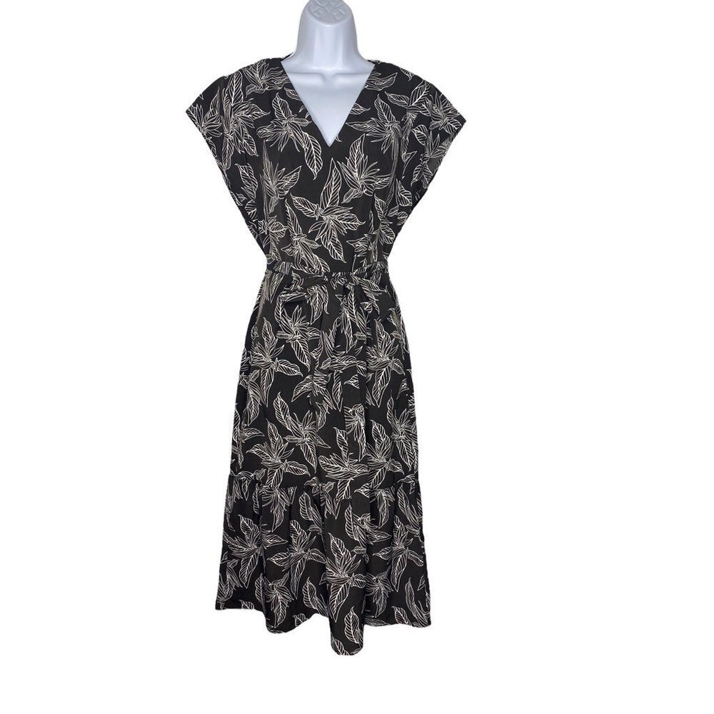 Banana Republic Womens Tiered‎ Dress Black White Leaves Belted Short Sleeve 12